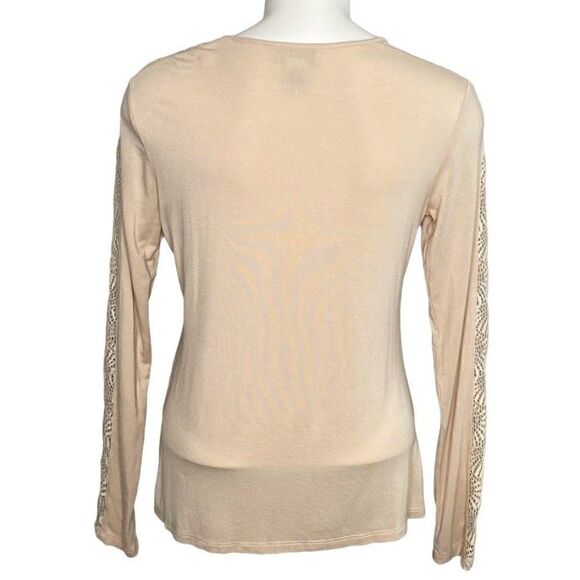 Carmen Marc Valvo Beige Round Neck‎ Long Crochet Lace Cutout Sleeve Sz Medium - Picture 3 of 7